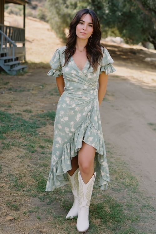 A wedding guest wears a floral sage green wrap dress with white cowboy boots