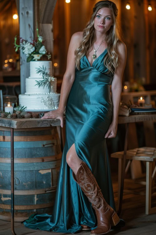 A woman wears brown cowboy boots with a long satin bridesmaid dress
