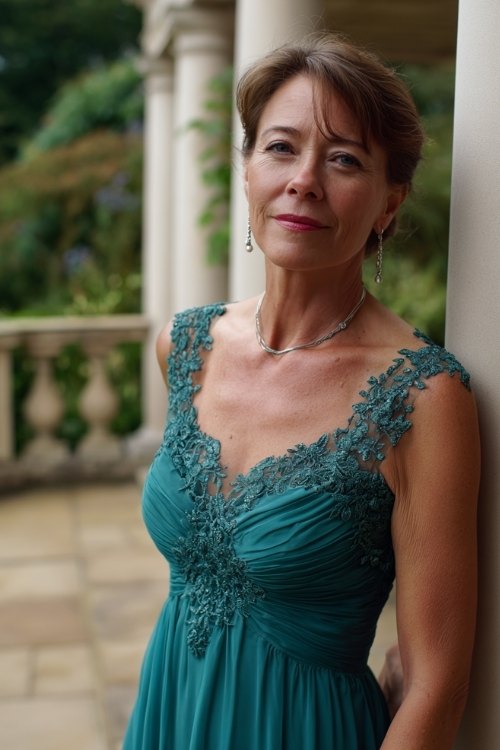a woman over 50 in a teal chiffon cocktail dress with embroidered bodice (4)