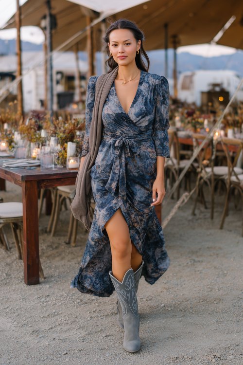 A woman in a navy floral high-low dress with a tie waist and long sleeves, styled with gray cowboy boots and a cashmere wrap draped over her shoulders