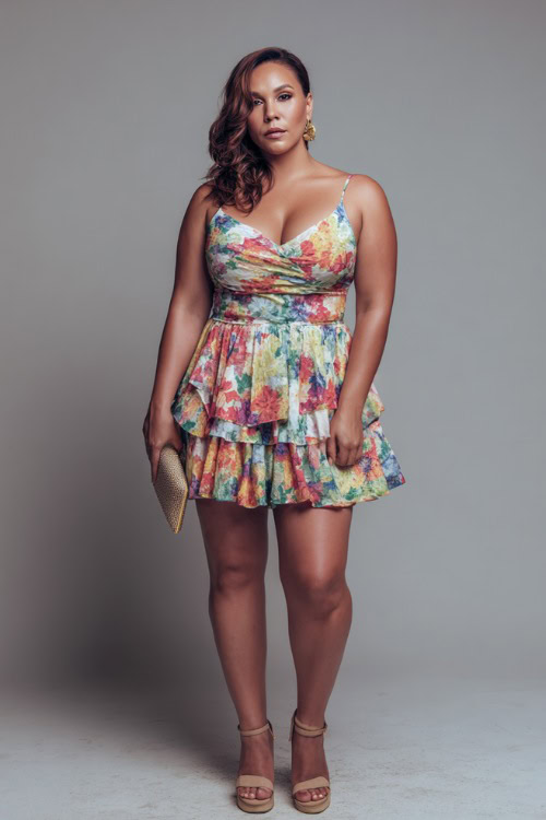 A plus-size woman in a fit-and-flare mini dress with ruffle hem and block heels, accessorized with a clutch bag, styled for a fun summer night out