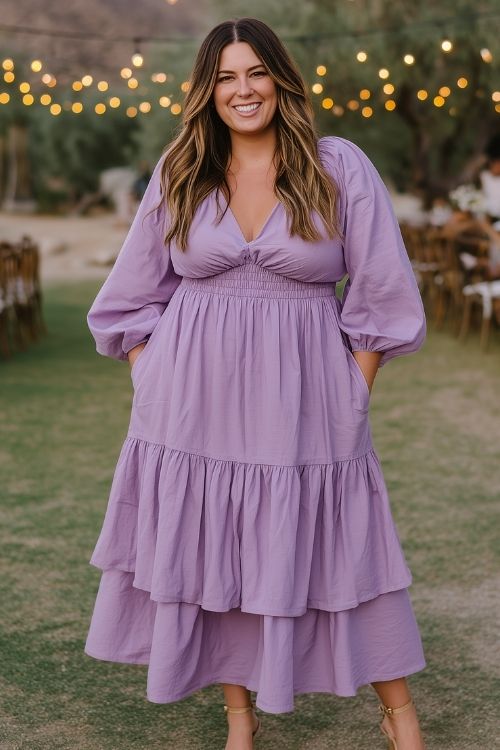 A plus size wedding guest wears a purple tiered midi dress and silver heels