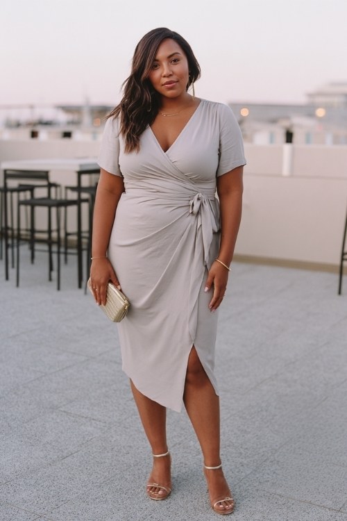 A curvy woman wears a light gray wrap midi dress with short sleeves and a tie waist