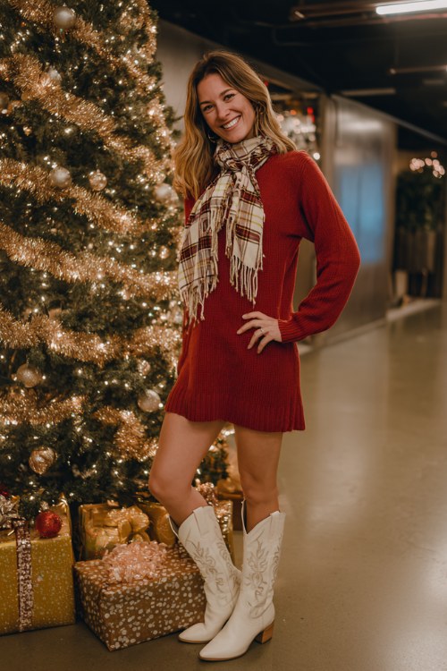 A woman wears a red sweater dress with white cowboy boots and a plaid scarf, standing beside a decorated Christmas tree