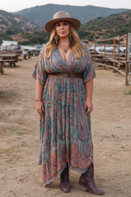 A plus-size woman dressed in a flowy boho maxi dress with paisley prints and dark brown cowgirl boots, accessorized with a felt hat and statement earrings