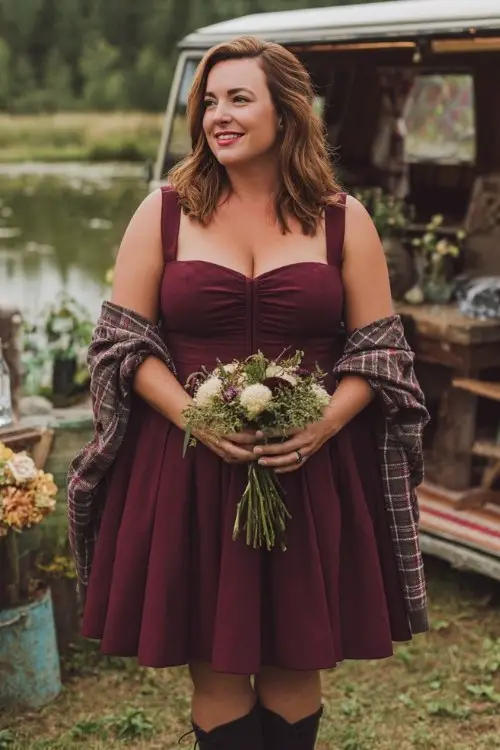 A plus-size woman wears a burgundy fit-and-flare dress with a square neckline and thick straps, styled with a plaid wool wrap and tall boots