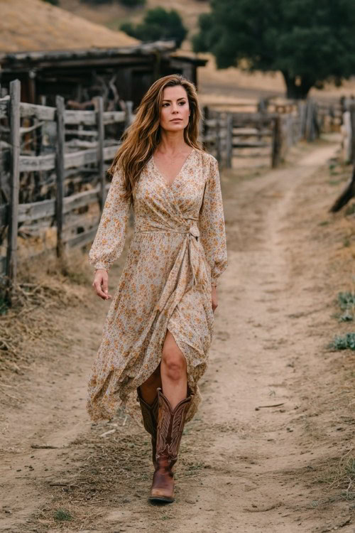 A woman over 30 wears a flowy floral wrap dress with brown tall cowboy boots