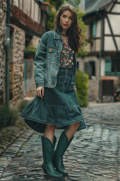 a woman wears denim skirt and cowboy boots on a street