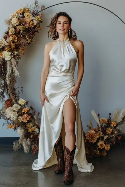 A woman over 30 wears an ivory satin halter gown with a flowing skirt and brown vintage-style cowboy boots