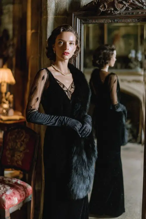 A woman wears a black floor-length gown with sheer sleeves and subtle shimmer, paired with long gloves and a faux fur stole