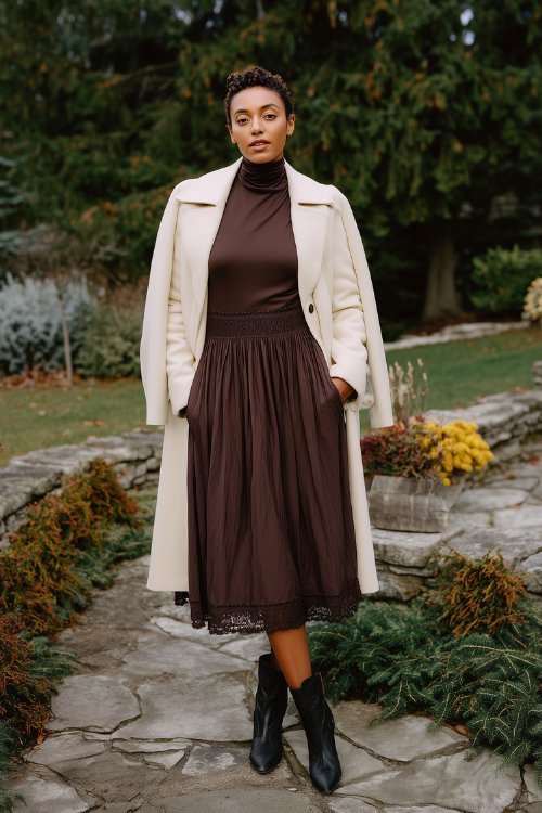 A full-body image of a woman in a chocolate brown high-neck midi dress with pleated skirt and lace trim, styled with black cowboy boots