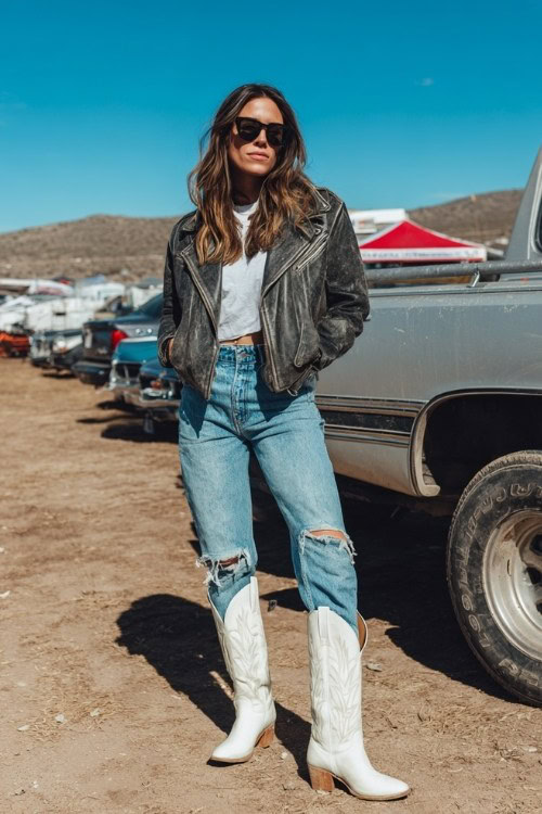 A woman wears ripped blue jeans, a leather jacket, and white cowboy boots