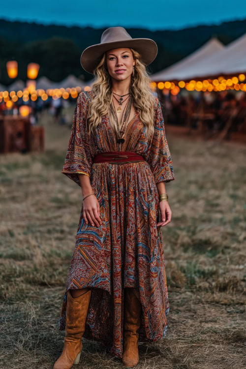 A woman wears a bohemian maxi dress with a wide-brim felt hat, styled with suede western boots and layered necklaces, standing in a concert field glowing with lanterns at dusk