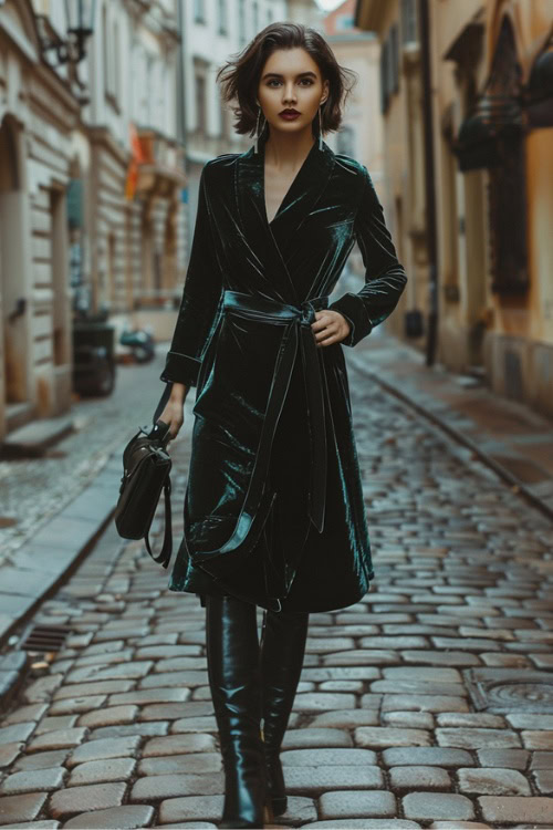 a woman wears green velvet wrap dress and cowboy boots