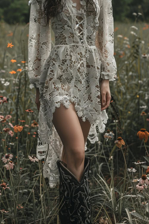 a woman wears white lace dress with black cowboy boots