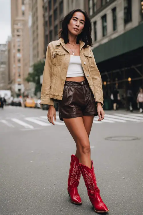 A woman wears tall red cowboy boots, black leather shorts, a tan cropped jacket, and a white ribbed tank