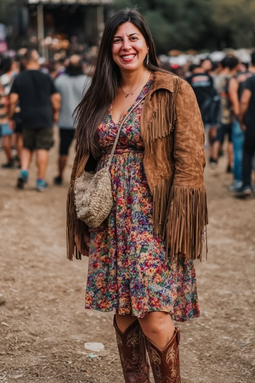 A plus-size woman wears a floral midi wrap dress with a suede fringe jacket and embroidered cowboy boots, holding a crossbody fringe bag at an outdoor fall concert