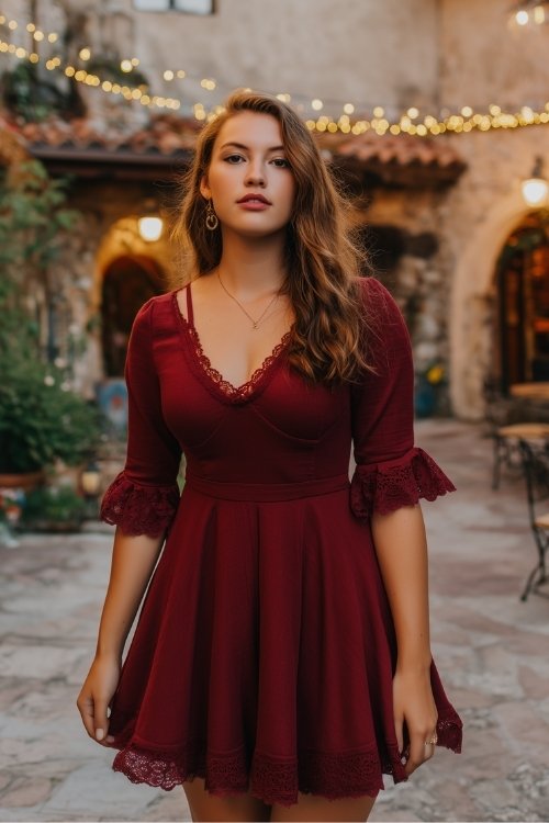A woman in a wine-red fit-and-flare dress with lace-trimmed sleeves and a fluted hem