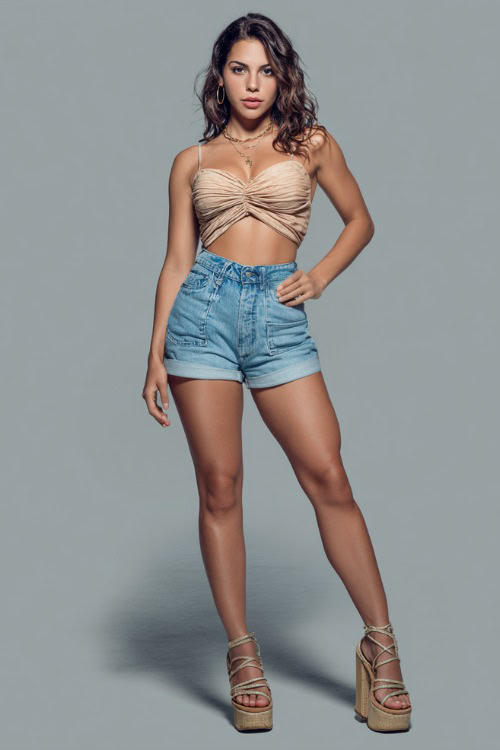 A woman wearing high-waisted denim shorts, a ruched crop top, and platform sandals, styled for a casual summer night out with friends, simple studio background