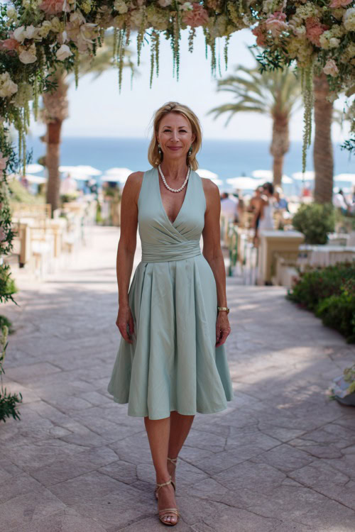 A woman over 50 in a pastel mint green midi dress with pleated skirt and pearl necklace, posing by a decorated entry arch at a coastal cocktail wedding