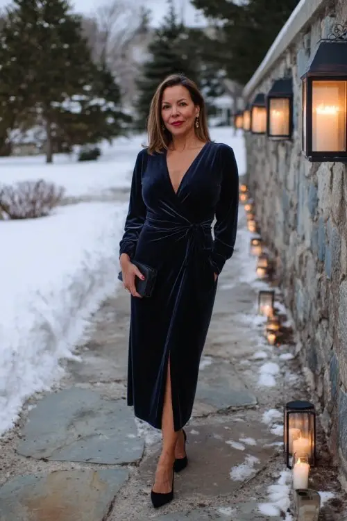 A woman over 40 wears a navy velvet wrap dress paired with elegant black pumps