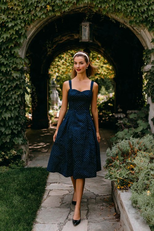 A petite woman wears a midnight navy tea-length A-line with a square neckline and tiny ditsy print, paired with kitten heels and a pearl headband