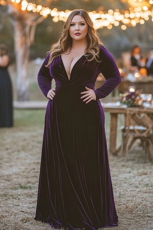 a plus size woman wears a V neck purple velvet wedding guest dress with long sleeves