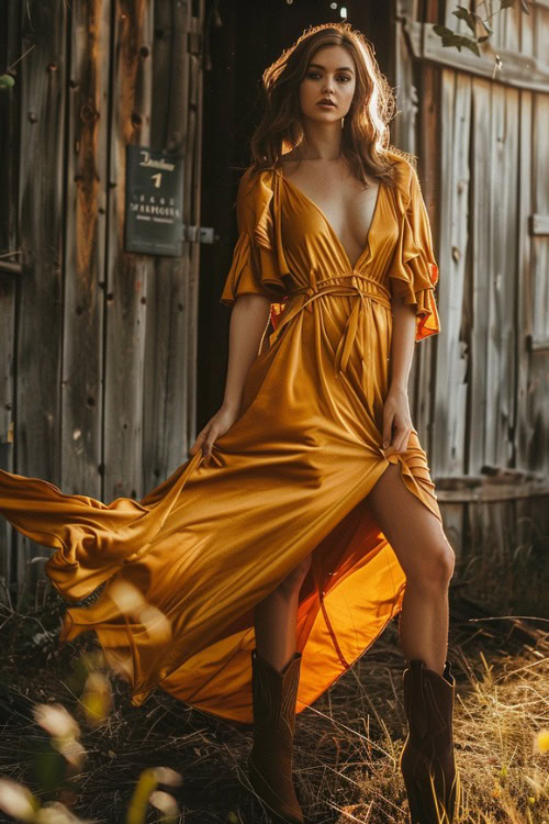 a woman wears gold maxi dress with brown cowboy boots
