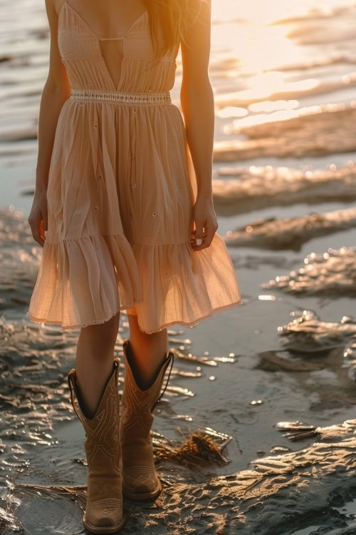 A woman wears brown cowboy boots with a pink dress (2)