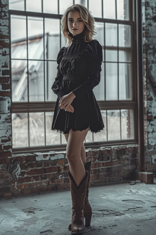 A woman wears brown cowboy boots with a black baby doll dress