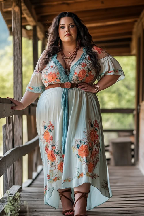 Plus-size woman in a flowy maxi dress with floral embroidery, cinched with a wide belt, paired with suede ankle booties