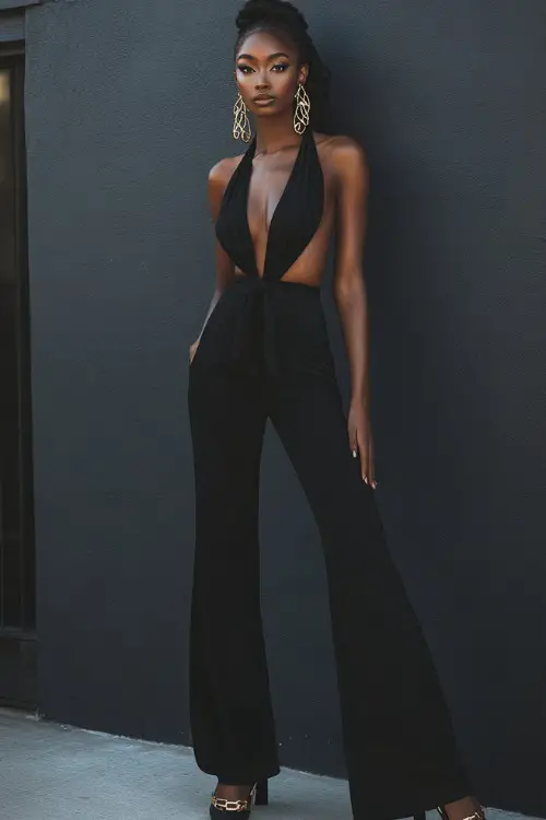 A woman in a deep-cut halter jumpsuit with a snatched waist, accessorized with gold chain earrings and platform heels