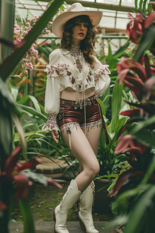 A woman wears white cowboy boots with a brown leather shorts and a puffy top