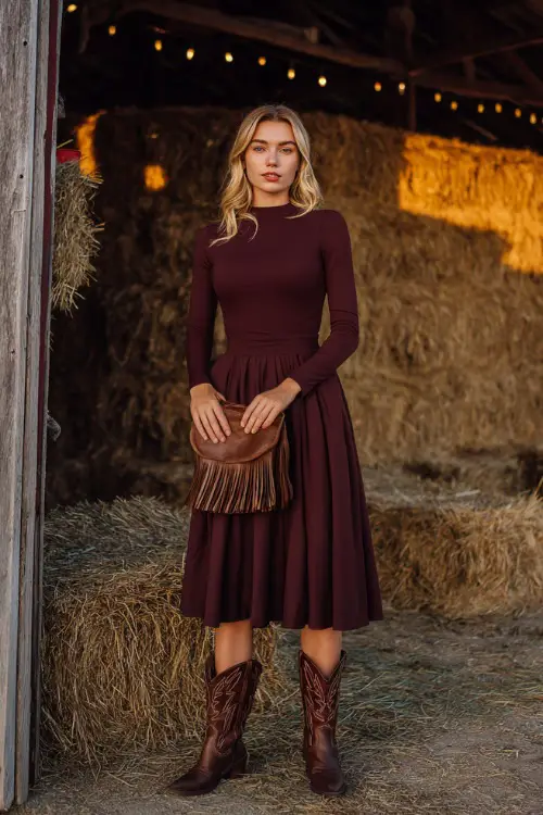 A woman wears a long-sleeve burgundy midi dress with a flared skirt, paired with brown leather cowboy boots and a fringed clutch