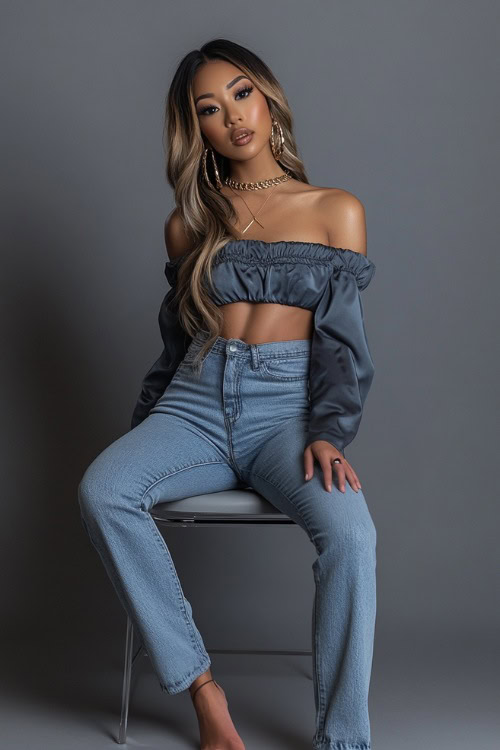 A woman styled in an off-the-shoulder long-sleeve top with light-wash straight-cut jeans, accessorized with strappy heels and layered gold necklaces