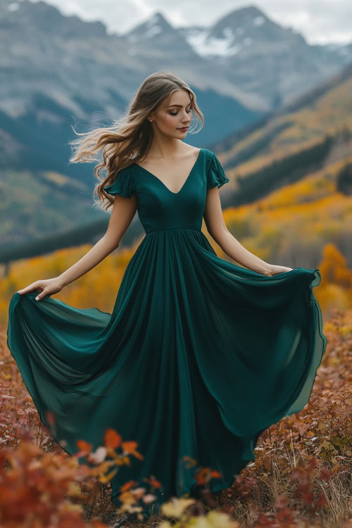 a woman wears a green V neck wedding guest dress with flutter sleeves