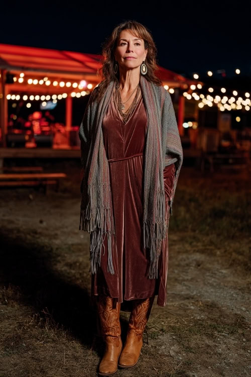 A woman over 50 wears a long velvet dress with a fringed shawl, styled with tall cowboy boots and statement earrings, standing in front of a country concert stage glowing with night lanterns