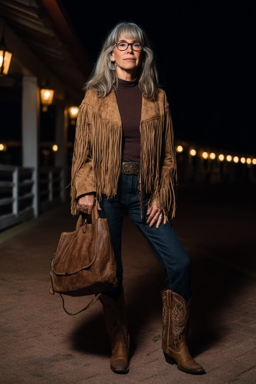 A woman over 40 wears a suede fringe jacket over a knit turtleneck, paired with dark bootcut jeans and cowboy boots, holding a leather bag at a lantern-lit country concert
