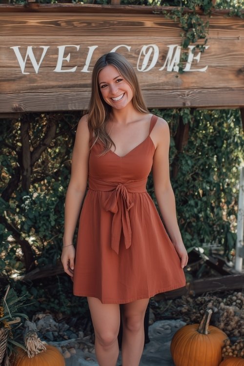 A petite woman wears a terracotta A-line dress with a tie-back detail and wedge heels