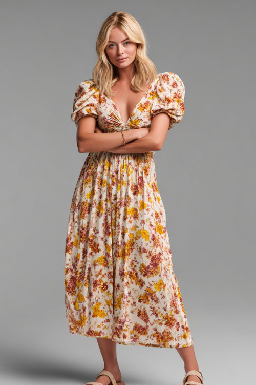 A woman in a flowy floral midi dress with short puff sleeves and flat sandals, styled for a relaxed summer outing