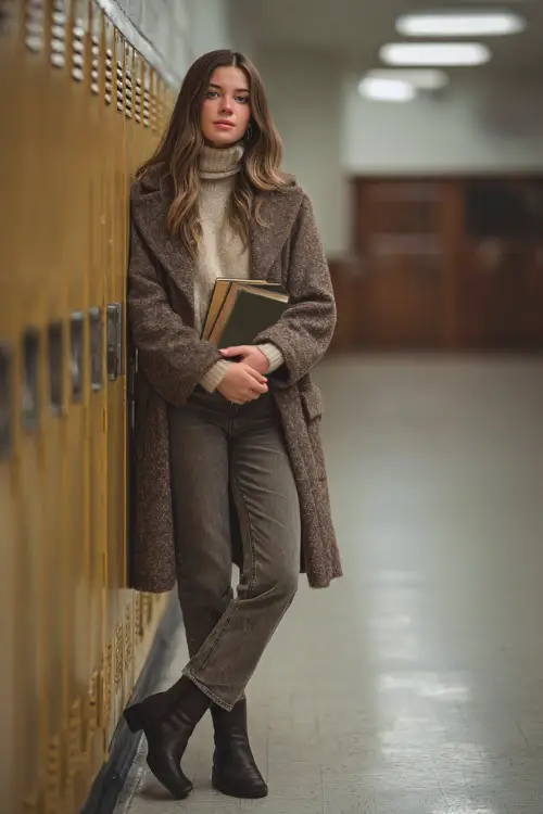 Young woman in a wool coat, turtleneck sweater, straight-leg jeans, and ankle boots, holding books while standing near school lockers