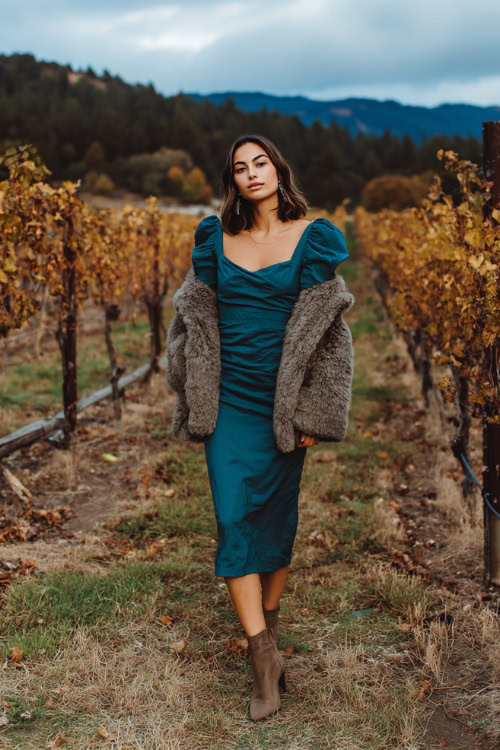 A woman wears a deep teal midi dress with puff sleeves, paired with a cropped faux fur jacket and heeled booties