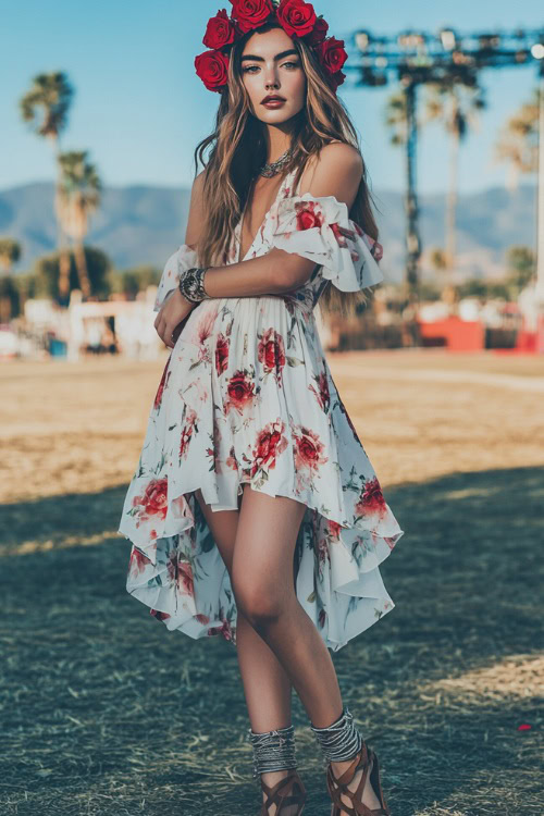 A festival-ready woman in a flared sleeve floral midi dress with a red rose crown, paired with leather sandals and silver bangles, posing near a minimal Coachella stage