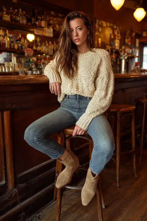 A woman in high-waisted blue jeans, a cream chunky knit sweater, and suede ankle boots, sitting casually on a wooden bar stool in a cozy fall bar