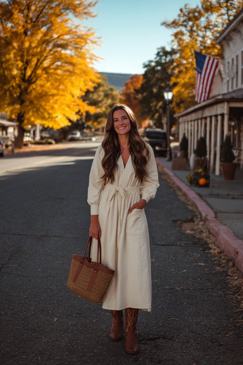 A woman over 30 wears a cream cotton long dress with brown cowboy boots and a woven tote bag