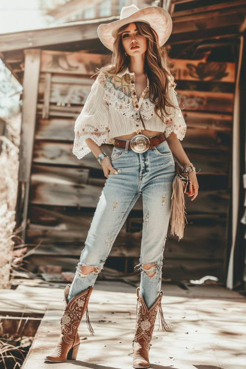 A woman wears brown cowboy boots with ripped jeans, brown leather belt and a blouse