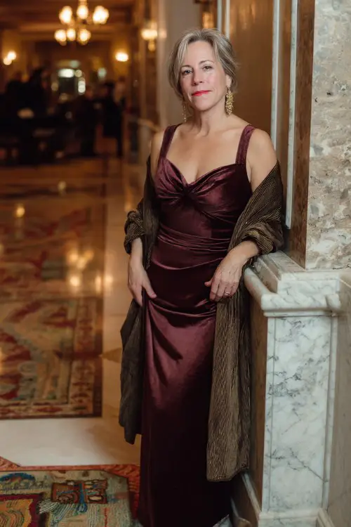A woman over 50 wears a deep wine-colored gown with a velvet shawl, pumps and gold drop earrings