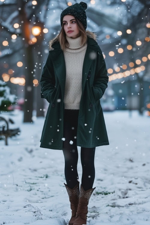 a woman wears cowboy boots with a dark green coat, sweater and leggings