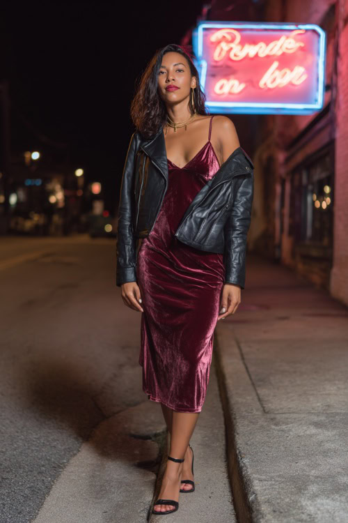 A Black woman in a burgundy velvet slip dress with a black leather moto jacket and ankle strap heels, walking under neon lights outside a night bar