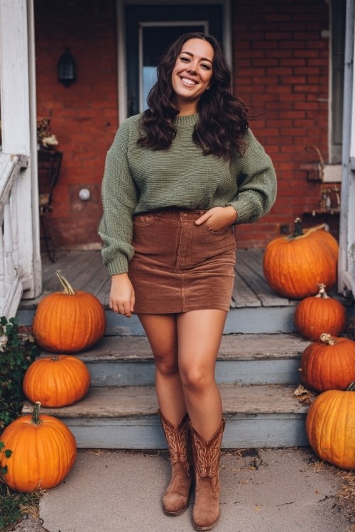 A curvy woman wears a corduroy mini skirt with an oversized olive green sweater and brown cowboy boots